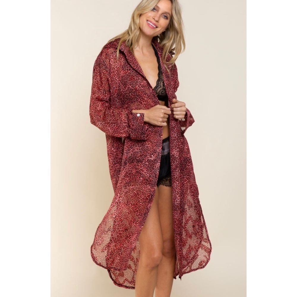 POL Red Leopard Long Sleeve Button Down Maxi Shirt - Picture 3 of 6